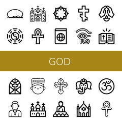 Set of god icons such as Cloud gate, Taoism, Church, Ankh, Crown of thorns, Atlas, Orthodox cross, Eye of ra, Prayer, Bible, Stained glass window, Priest, Nefertiti, Buddha , god