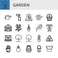 Set of garden icons such as Tree, Watering can, Plant, Fertilizer, Greenhouse, Carnivorous plant, Fountain, Smart greenhouse, Flower, Fence, Glove, Beet, Vase, Tomato , garden
