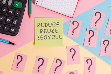 Conceptual hand writing showing Reduce Reuse Recycle. Concept meaning environmentallyresponsible consumer behavior Mathematics stuff and writing equipment on pastel background