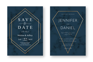 Wedding card design with golden frames and marble texture. Save the date. Wedding invitation and announcement design template with geometric patterns and luxury background. Vector