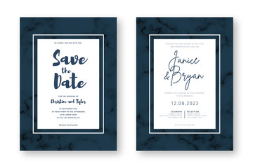 Wedding card design with golden frames and marble texture. Save the date. Wedding invitation and announcement design template with geometric patterns and luxury background. Vector