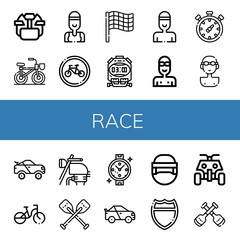 Set of race icons such as Hockey helmet, Bicycle, Swimmer, Bikes, Race flag, Stopwatch, Chronometer, Racing car, Motorbike, Oars, Watch, Highway, All terrain, Paddles , race