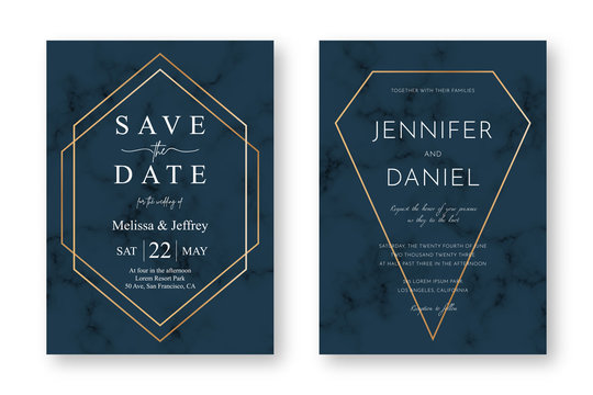 Wedding card design with golden frames and marble texture. Save the date. Wedding invitation and announcement design template with geometric patterns and luxury background. Vector