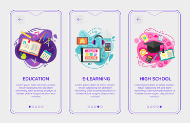 Flat design responsive E-learning and Education UI mobile app splash screens template with trendy illustrations