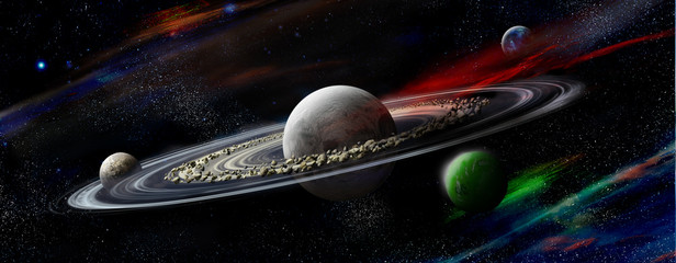 Planet with rings system and four satellites on a orbit the planet © dracozlat