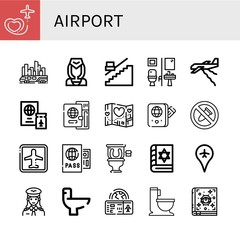 Fototapeta na wymiar Set of airport icons such as Travel, Skytrain, Flight attendant, Stair, Restroom, Plane, Passport, No bombs, Airport, Spellbook, Pilot, Wc, Boarding pass , airport