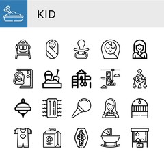 Set of kid icons such as Sandbox, Feeding chair, Baby, Pacifier, Baby boy, Karate, Swing, Playground, Zip line, Mobile toy, Spinning top, Inflatable, Nasal aspirator, Nanny , kid