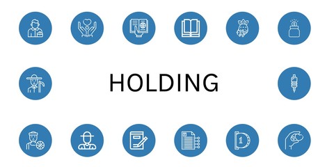 Set of holding icons such as Salesman, Give, Reading, Donation, Basketball player, Farmer, Writing, Insert coin, Grip , holding