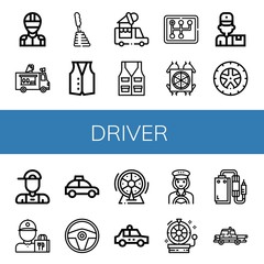 Set of driver icons such as Racer, Ice cream truck, Gearstick, Vest, Pizza deliver, Delivery man, Wheel, Delivery boy, Delivery guy, Taxi, Steering wheel, Taxi driver , driver