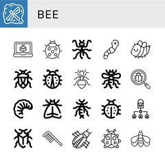 Set of bee icons such as Insect, Bug, Ladybug, Mantis, Worm, Bee, Ant, Larva, Moth, Earwig, Comb, Bumblebee , bee
