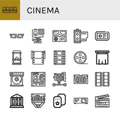 Set of cinema icons such as Movie, d glasses, Action camera, d movie, Film roll, Ticket, Ticket office, Film, Curtain, Dvd player, Art, Film camera, Vhs, Theatre, Projector , cinema