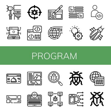 Set of program icons such as Studio, Development, Anti bug, Binary code, Website design, Programming, Layout, Developer, Bug, Loyalty card, Api , program
