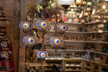 Naklejka premium Mosaic patterned lamps of Ottoman culture. Istanbul was photographed at the Eminönü ..