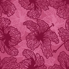 Seamless background. Hibiscus flowers on pink background. Vector image in contours. Silhouette colors.