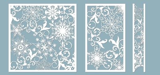 Ornamental panels with snowflake pattern. Laser cut decorative lace borders patterns. Set of bookmarks templates. Image suitable for laser cutting, plotter cutting or printing. serigraphy.