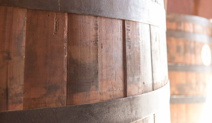 Naklejka na ściany i meble Old wooden wine barrels, horizontal banner