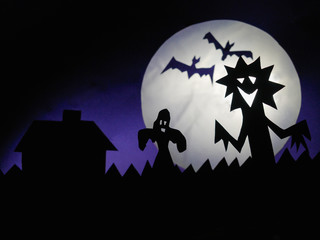 Halloween dark background with scary creatures, Ghost, bats, funny looking monster.