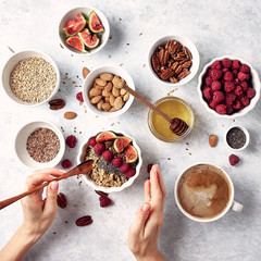 healthy oatmeal breakfast with raspberries and finns, chia and flax seeds and honey, pattern, top visas, good morning concept