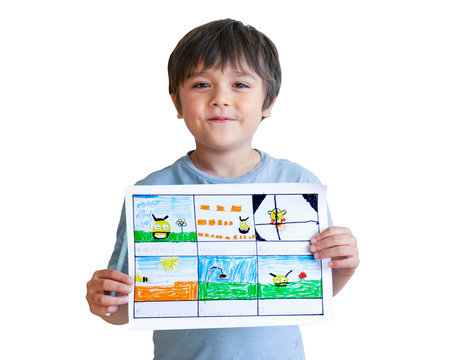 Preschool boy showing his drawing on paper, Active 5-6 years kid with proud face holding his painting bee on field for his school homework,  Smiling little child holding picture of bee and flowers,