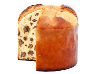 chocolate stuffed panettone, typical Brazilian sweet bread served as a dessert for Christmas and New Year celebrations. Known as chocotone. Christmas food isolated on white background.