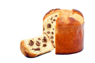 chocolate stuffed panettone, typical Brazilian sweet bread served as a dessert for Christmas and New Year celebrations. Known as chocotone. Christmas food isolated on white background.
