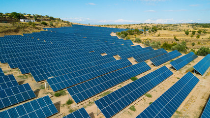 Solar panels field in Spain. Renewable green alternative energy concept