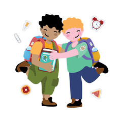 Two boys with school bags met on their way to school on the first day of school. Vector illustration 