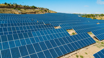 Solar panels farm. Renewable green alternative energy concept