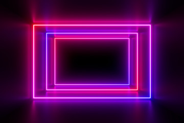 Multicolored neon lamps in a dark tunnel. Reflections on the walls.