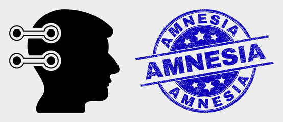 Vector brain interface links icon and Amnesia seal stamp. Red round grunge seal stamp with Amnesia text. Vector composition in flat style. Black isolated brain interface links symbol.