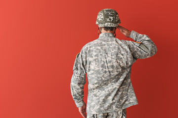 Fototapeta na wymiar Saluting soldier on color background, back view