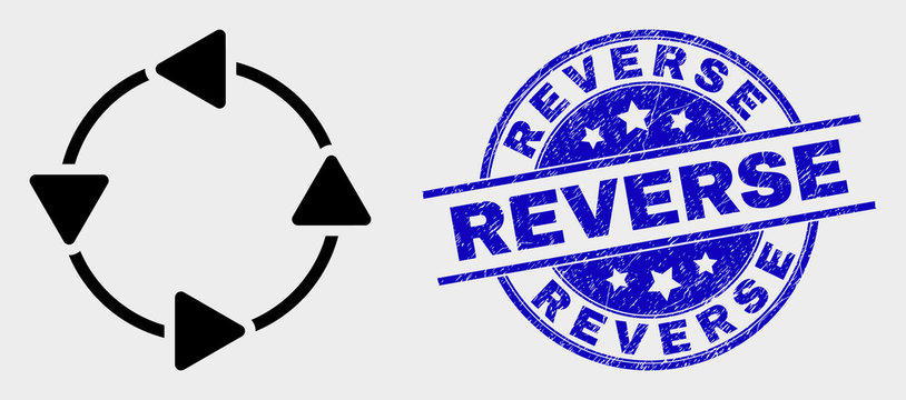 Vector CCW circulation arrows icon and Reverse seal stamp. Red round scratched seal stamp with Reverse text. Vector combination in flat style. Black isolated CCW circulation arrows pictogram.