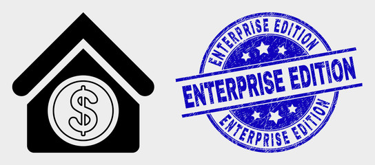Obraz premium Vector commercial building icon and Enterprise Edition seal stamp. Red rounded textured seal stamp with Enterprise Edition text. Vector composition in flat style.