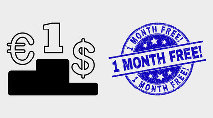Vector currency pedestal pictogram and 1 Month Free! seal. Red round grunge seal with 1 Month Free! text. Vector combination in flat style. Black isolated currency pedestal pictogram.