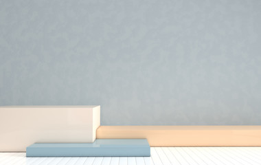 3d rendered interior with geometric shapes, podium on the floor. Set of platforms for product presentation, mock up background. Abstract composition in modern minimal design