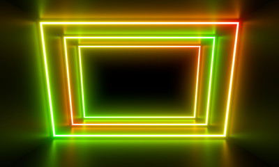 Multicolored neon lamps in a dark tunnel. Reflections on the walls.