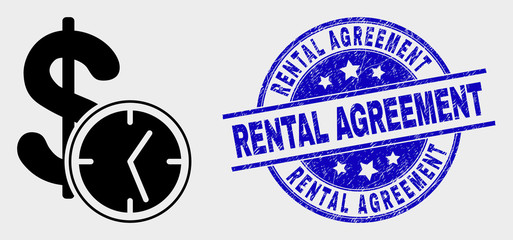 Vector dollar credit time pictogram and Rental Agreement seal stamp. Red round grunge seal stamp with Rental Agreement text. Vector composition in flat style. Black isolated dollar credit time icon.