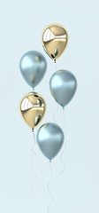 Illustration of glossy colorful and golden balloons on pastel colored background. Empty space for birthday, party, promotion social media banners, posters. 3d render realistic balloons