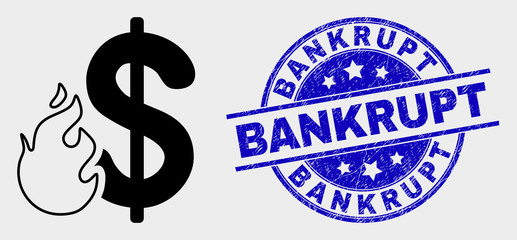 Vector dollar fire pictogram and Bankrupt seal stamp. Red rounded textured stamp with Bankrupt caption. Vector combination in flat style. Black isolated dollar fire pictogram.