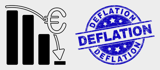 Vector euro crisis chart pictogram and Deflation seal. Red rounded scratched seal with Deflation text. Vector combination in flat style. Black isolated euro crisis chart pictogram.