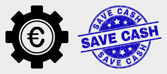 Vector euro gear icon and Save Cash seal. Red round distress seal with Save Cash caption. Vector combination in flat style. Black isolated euro gear icon.
