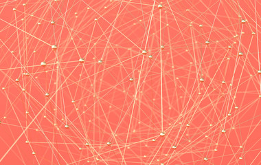 Spheres and tubes connection structure. Golden plexus. Abstract communication background. 3d rendering