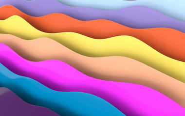 Colorful paper art cartoon abstract waves, folds Paper carve background. Modern origami design template. 3d rendering illustration.