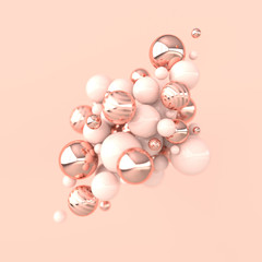 Colorful balls 3d rendering. Chaotic spheres geometric abstract background, primitive shapes, minimalistic design, pink and rose gold colors