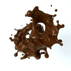 Dark or milk chocolate sauce flow with drops 3d render. Dessert liquid splashes