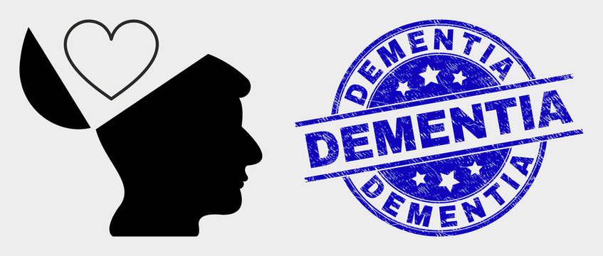 Vector favourites open mind icon and Dementia watermark. Red rounded distress seal with Dementia caption. Vector composition in flat style. Black isolated favourites open mind icon.
