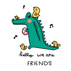 Hello we are friends, crocodile with little birds cartoon vector illustration doodle style