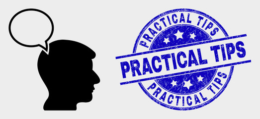 Vector head thinking cloud icon and Practical Tips seal. Red rounded textured seal stamp with Practical Tips caption. Vector composition in flat style. Black isolated head thinking cloud icon.