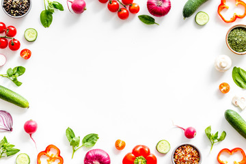 Frame of colorful vegetables on white background top view mock up