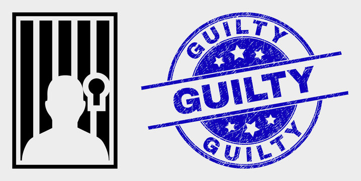 Vector jailed person pictogram and Guilty seal. Red round distress seal stamp with Guilty caption. Vector combination in flat style. Black isolated jailed person pictogram.